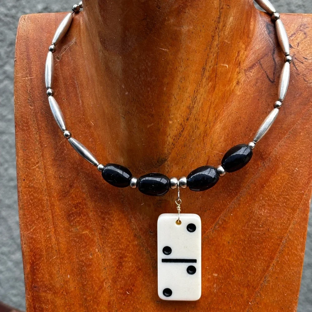 Handcrafted Black Bead Necklace with Domino Pendant
